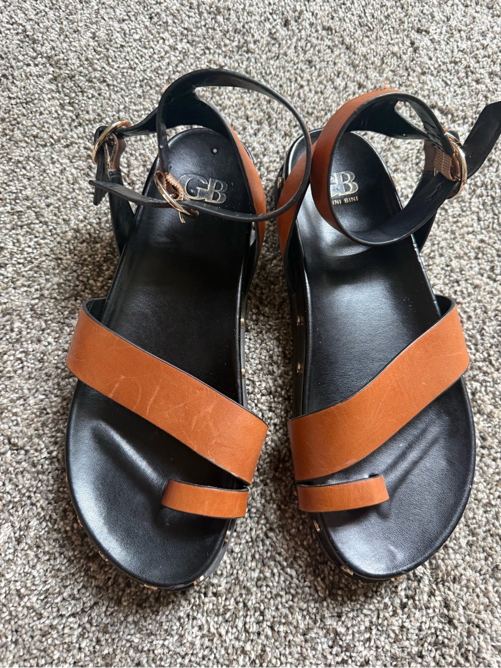 GBG Los Angeles Brown and Black Leather Strappy Wedge Sandals
